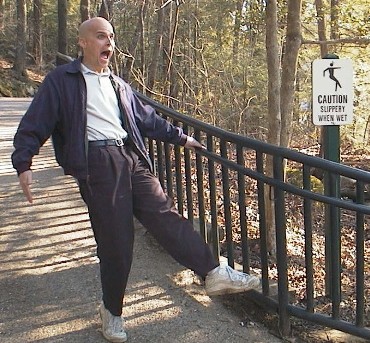 the slippery walkway scares Brett (March 10, 2001)