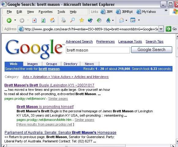 search results on Google for Brett Mason