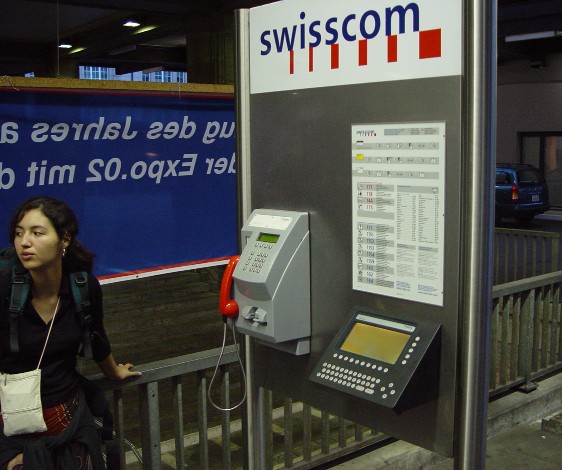 Rochelle at a pay phone in Switzerland in June 2002